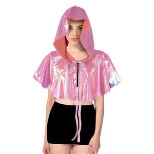 Adult Iridescent Metallic Mini Hooded Cape Halloween Costume Party Pink
