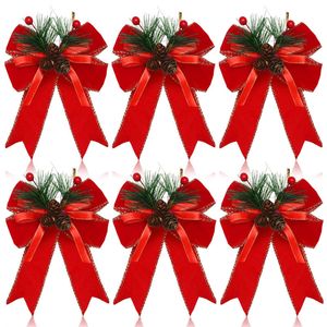 Catzon 6 Pcs Christmas Bows with Pine Cones Pine Needles for Xmas Tree Wreath Decor-Red