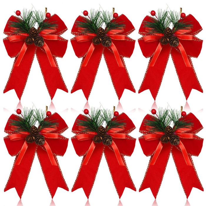 Catzon 6 Pcs Christmas Bows with Pine Cones Pine Needles for Xmas Tree Wreath Decor-Red