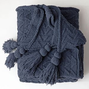 CottonMore Acrylic Chenille Knitted Blanket Herringbone Tassel Throw Rug 130x160cm-Navy