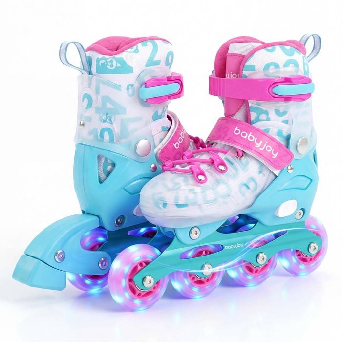 Costway 4size Adjustable Roller Skates Skating Shoes Beginner Age 5-7 Pink
