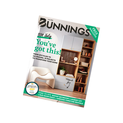 Tilted cover of the bunnings mag for july