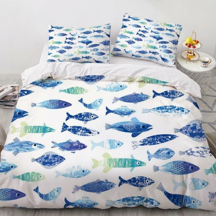 3D Blue Fish 351 Bed Pillowcases Quilt Queen Size