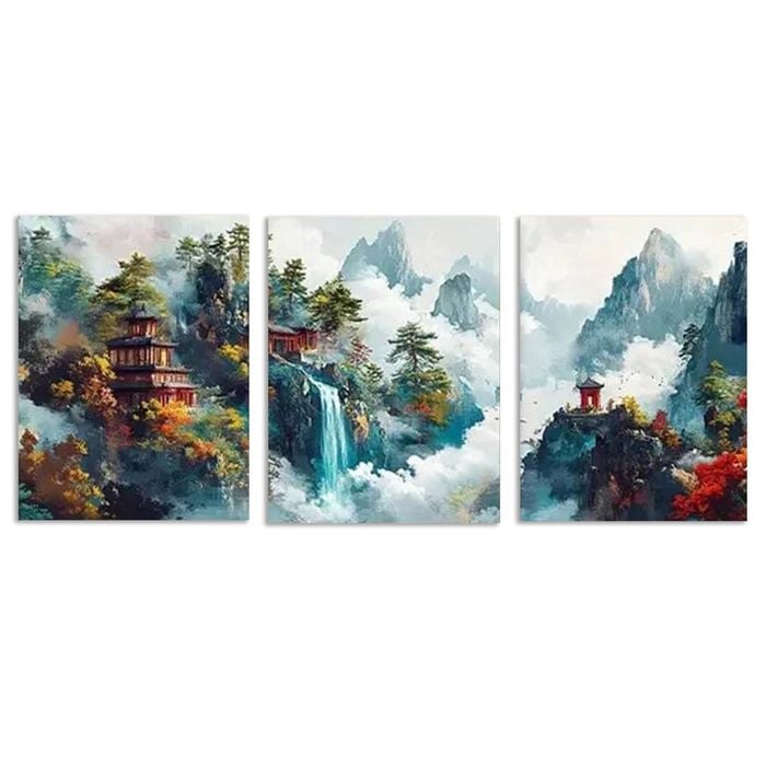 3pcs Colorful Scenery with Pagoda & Waterfalls Print 100% Australian Made 3 x 40x60cm (Metal Print)