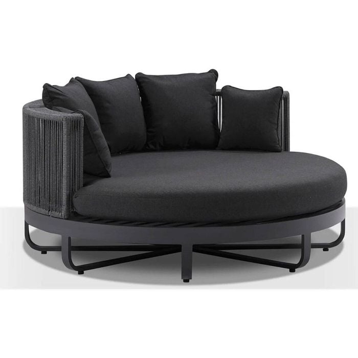Cannes Outdoor Round Aluminium And Rope Daybed Sun Lounge Charcoal & Carbon Grey Rope/denim Cushions
