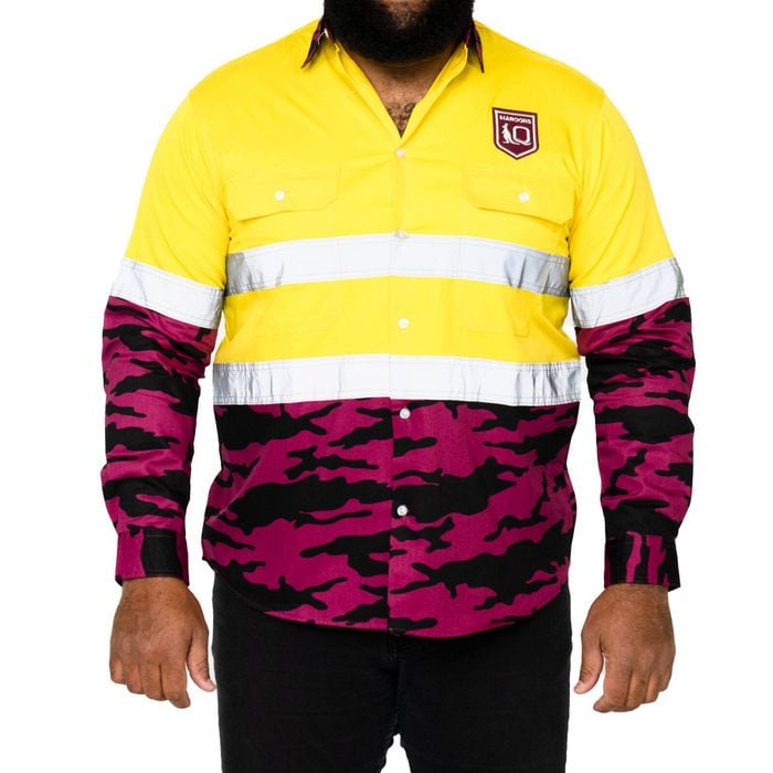 QLD State of Origin 'Camo' Hi-Vis L/S Cotton Drill Shirt - Large
