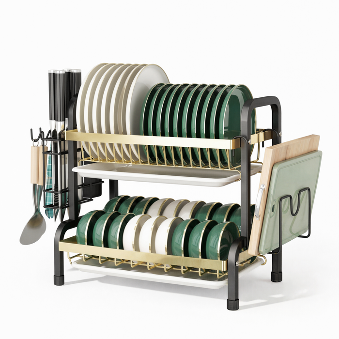 ADIVO 2 Tier Dish Drying Rack Drainer Black Gold 55cm with Cutlery Holder