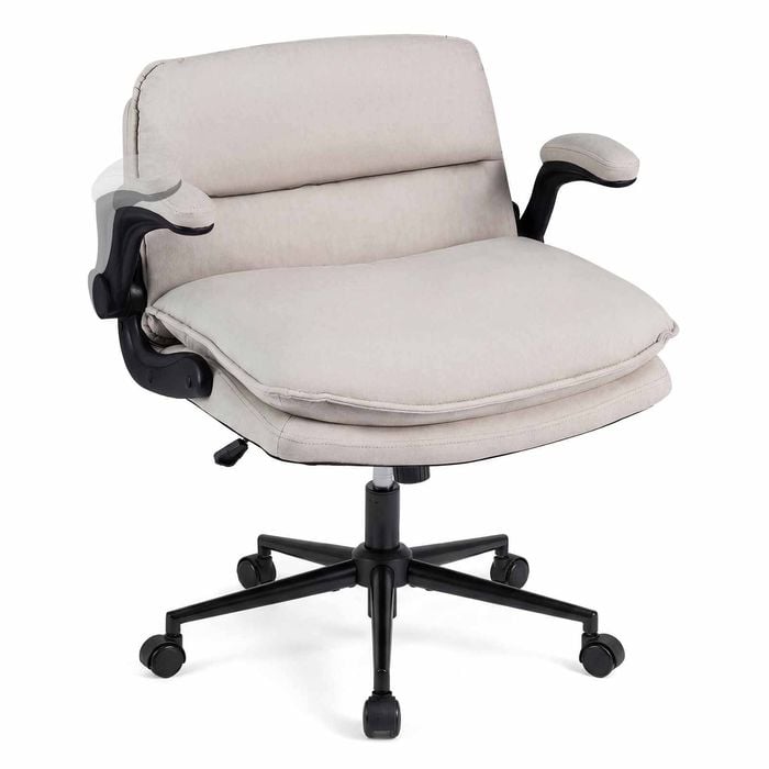Costway Office Desk Chair Flip Arms Vanity Stool Backrest Adjustable Beige