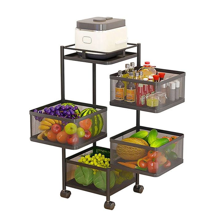 Catzon 4-Tier Rotating Fruit Basket on Rolling Wheels for Kitchen Bathroom-Black