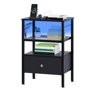 Ufurniture Bedside Table with Fabric Drawer End Table with Charging Station and LED Lights Black