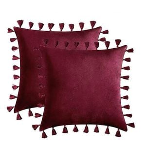 Catzon 2 Pcs Boho Velvet Throw Pillow Covers with Tassels for Couch Bed 45X45cm-Red