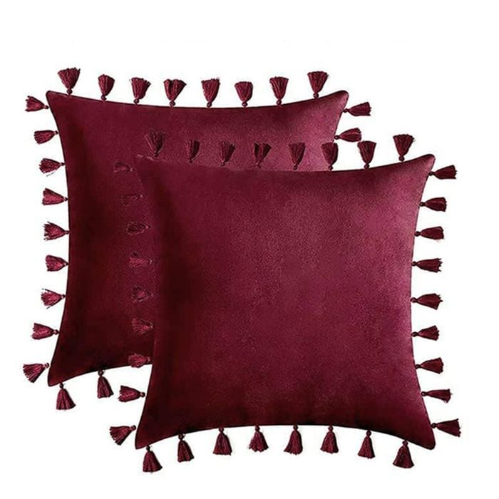 Catzon 2 Pcs Boho Velvet Throw Pillow Covers with Tassels for Couch Bed 45X45cm-Red
