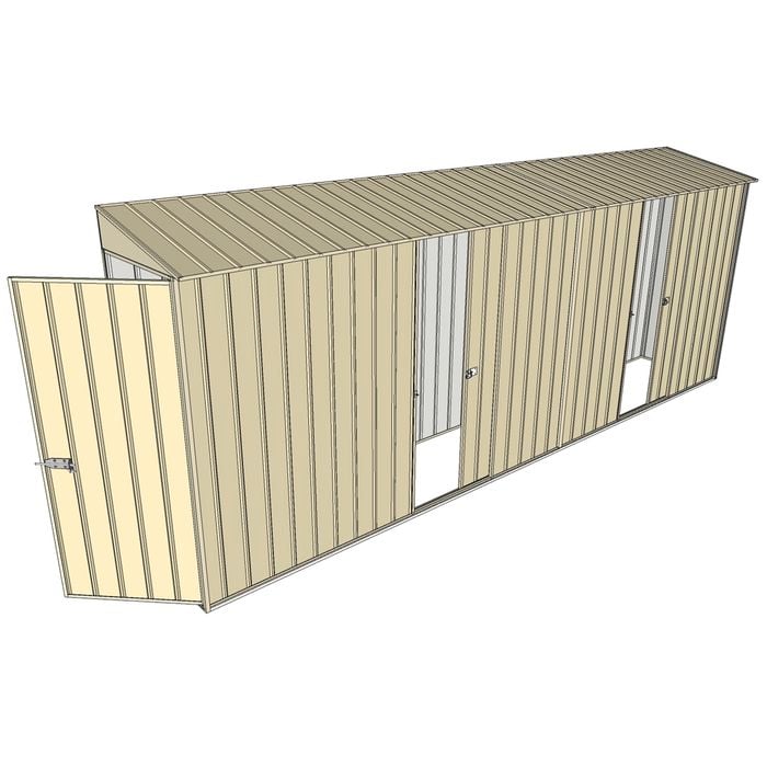 Build-a-Shed 0.8 x 5.2 x 2m Single Hinged Door Skillion Shed with Dual Single Sliding Side Doors - Cream