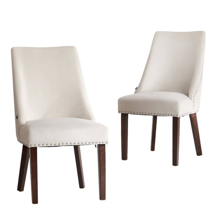 Oikiture 2PCs Velvet Dining Chair Kitchen Padded Seat Winglet Design Beige
