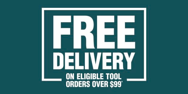 Graphic with the text Free delivery on eligible tool orders over $99 on a green background