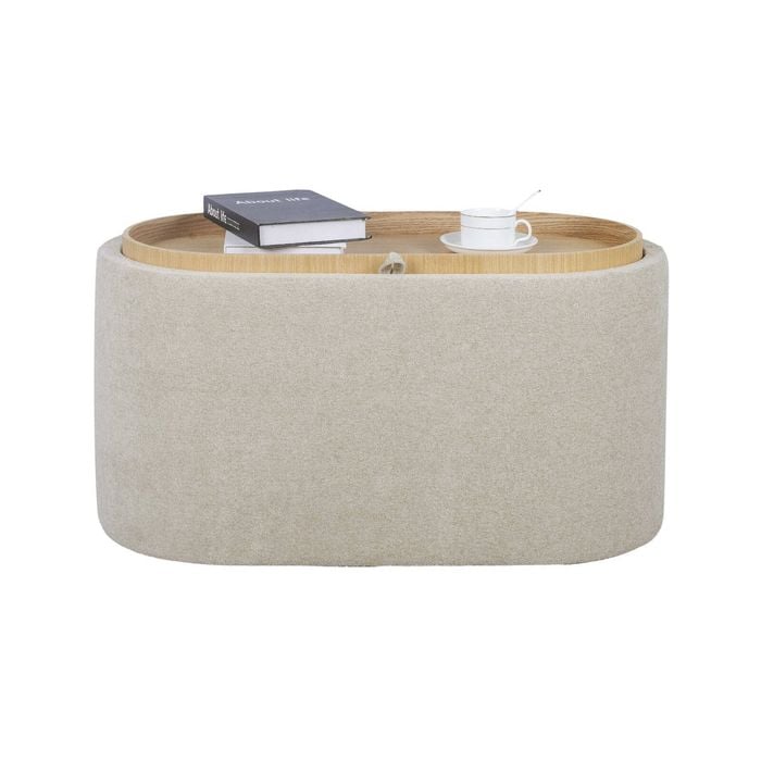 P&P Oval Beige Chenille Storage Ottoman with Removable Tray 56x56x42cm
