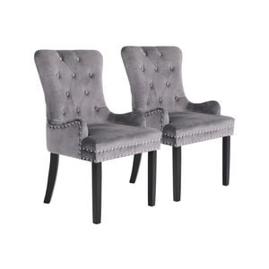 La Bella 2 Set Grey French Provincial Dining Chair Ring Studded Lisse Velvet Rubberwood