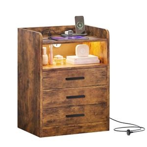 Advwin Bedside Table Rgb Led Nightstand Charging Station 3 Drawers Cabinet Brown