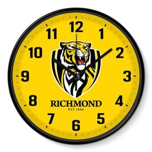 AFL Wall Clock - Richmond Tigers - Plastic - 30cm Diameter - Team Logo