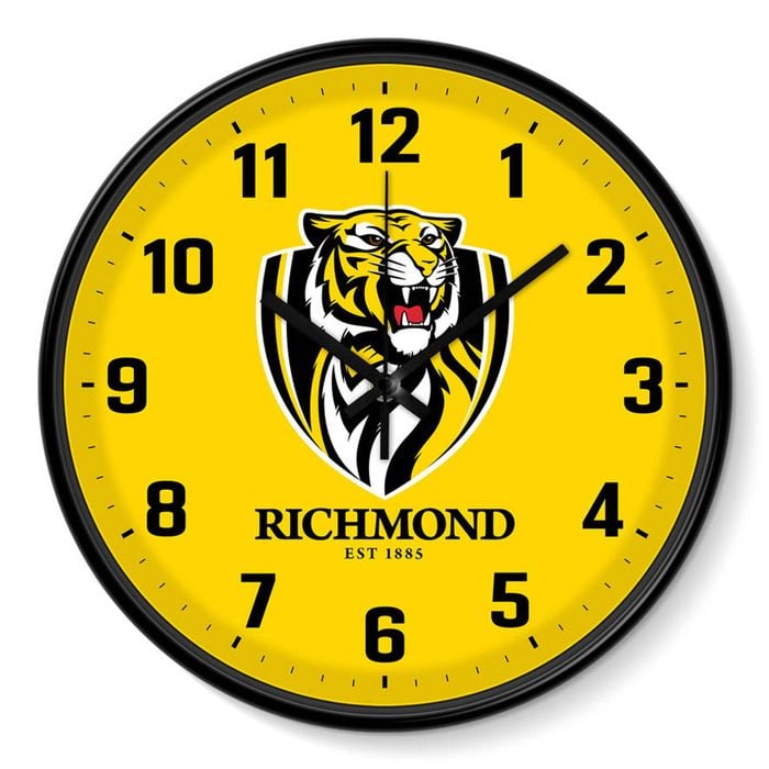 AFL Wall Clock - Richmond Tigers - Plastic - 30cm Diameter - Team Logo