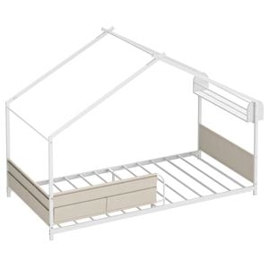 Ufurniture Kids Bed Frame with 4 Storage Pockets and Guard Rail Toddler Floor Bed with Roof and Storage Rack White