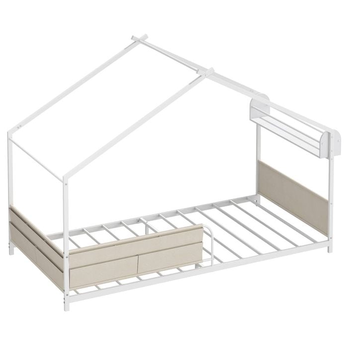 Ufurniture Kids Bed Frame with 4 Storage Pockets and Guard Rail Toddler Floor Bed with Roof and Storage Rack White