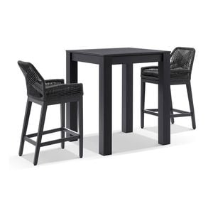 Santorini Outdoor Aluminium Square Bar Table Charcoal With 2 Hugo Stools & Carbon Grey/denim Grey Cushions