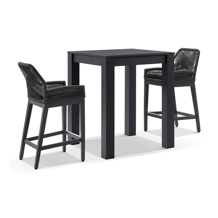 Santorini Outdoor Aluminium Square Bar Table Charcoal With 2 Hugo Stools & Carbon Grey/denim Grey Cushions