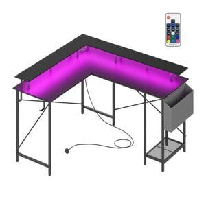 Ufurniture L Shaped Desk Gaming Desk with LED Lights & Power Outlets Black