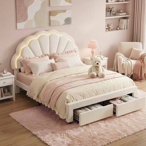 HOMFURN Double LED Bed Frame, Velvet Upholstered Shell Headboard with 2 Drawers, 300kg Capacity, White