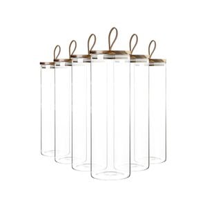 Argon Tableware Glass Storage Jar - Wood Lid - 2 Litre - Leather Loop - 6x Modern Round Scandi Organisation Container Glass Jar