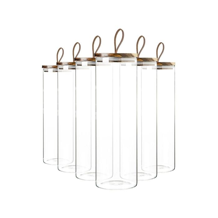 Argon Tableware Glass Storage Jar - Wood Lid - 2 Litre - Leather Loop - 6x Modern Round Scandi Organisation Container Glass Jar