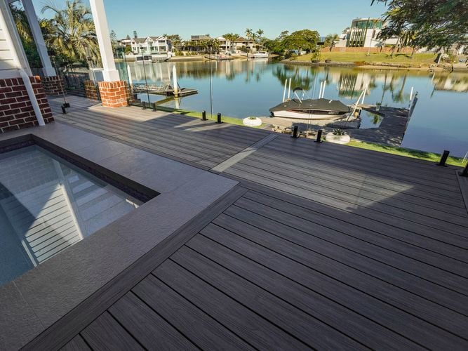 Decking around a house near the water.