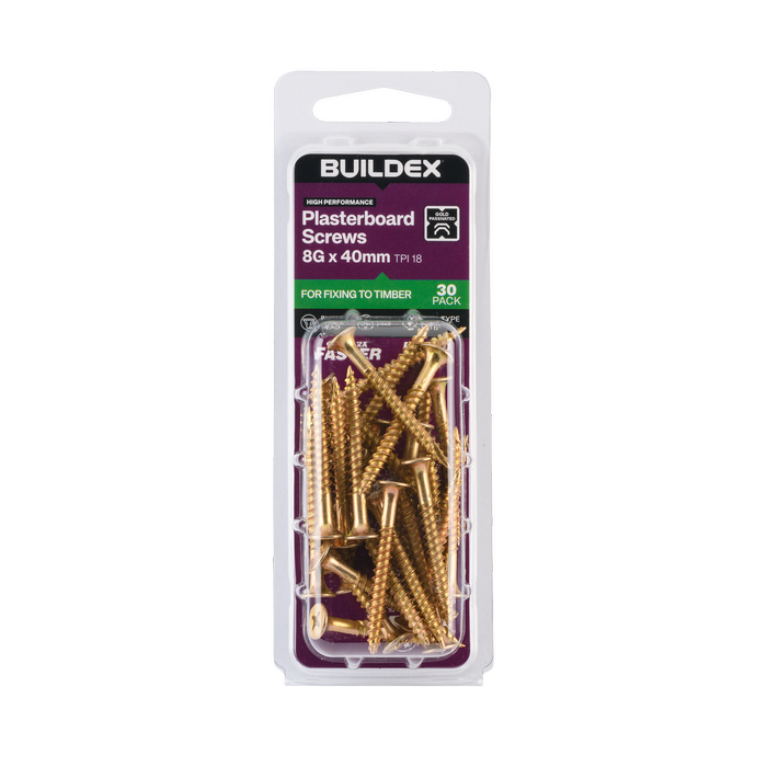 Buildex 8G x 40mm Gold Passivated Plasterboard Screws - 30 Pack