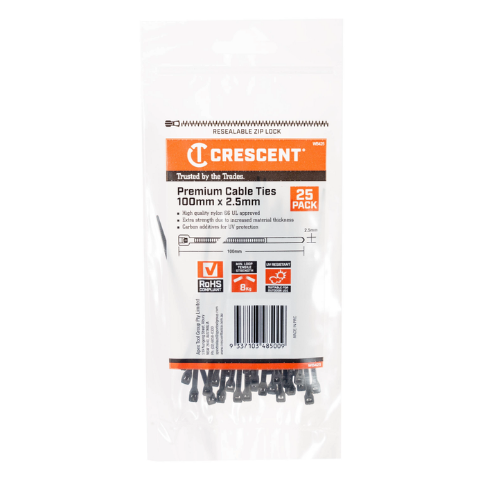 Crescent 100 x 2.5mm Black Cable Ties - 25 Pack