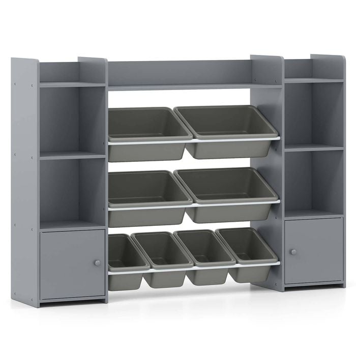 Costway Toy Storage Organiser Display Shelf w/Plastic Bins Grey