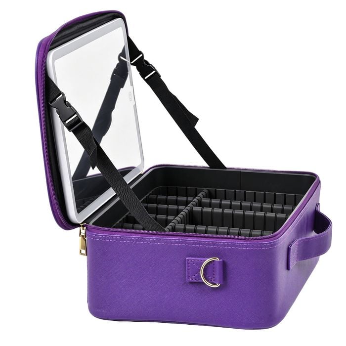 Advwin 15-inch Portable Makeup Case With Led Light Mirror, 3 Color Modes, 7 Adjustable Dividers, Usb Charging, Purple