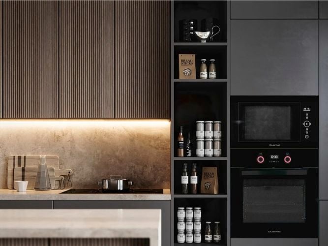 Black and timber kitchen with Built In Microwave Quartz Grill, Multifunction Oven, Concealed Slideout rangehood and Black Ceramic Cooktop
