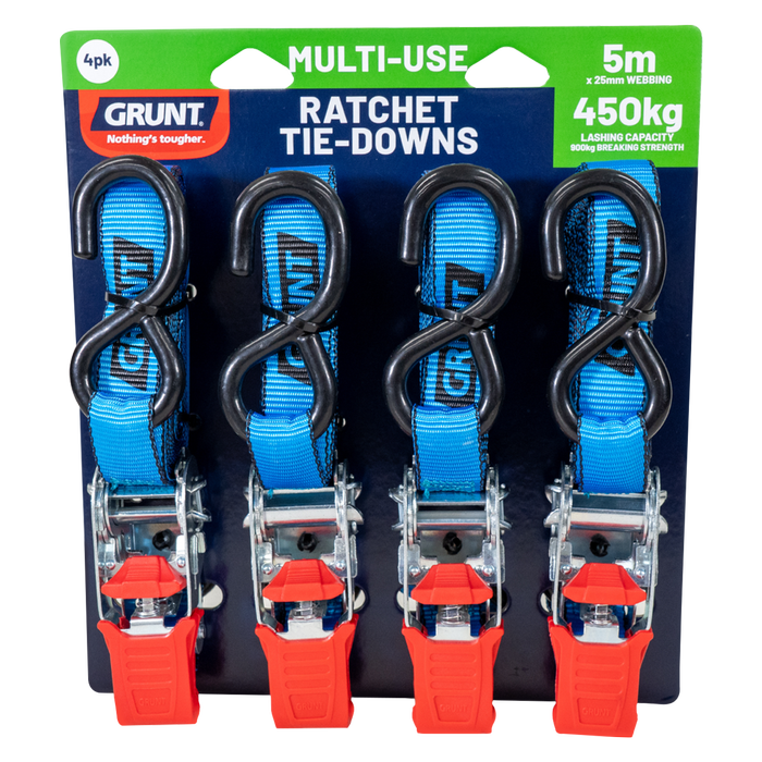 GRUNT 25mm x 5m 450Kg Ratchet Tie Down - 4 Pack