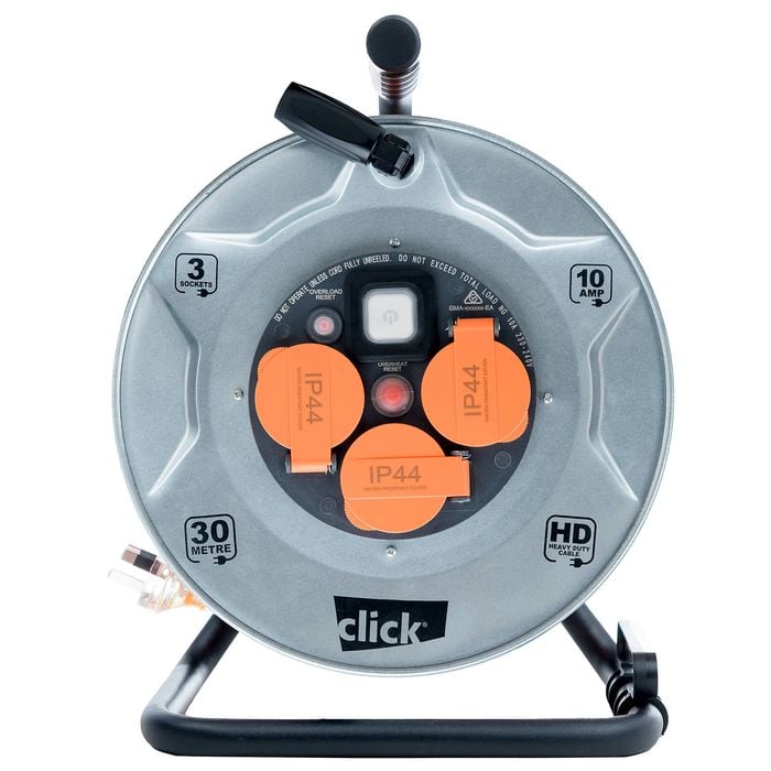 Click 30m Heavy Duty 3 Outlet Steel Cable Reel