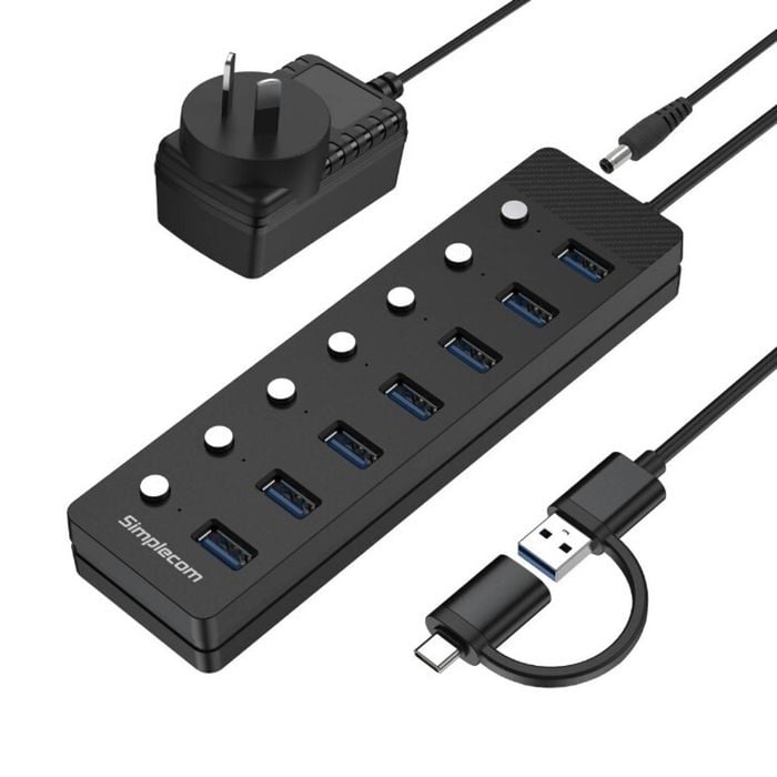Simplecom Ch375c Usb-a And Usb-c To 7-port Usb 3.0 Hub 5gbps Individual Switches And Power Adapter