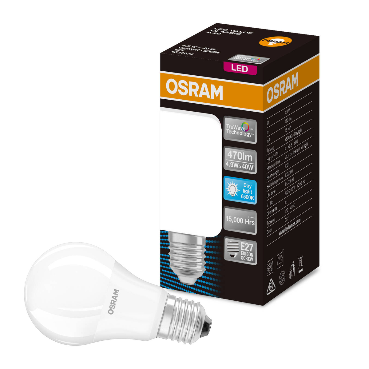 Osram ES LED 480lm Daylight AShape Frosted 4.7W Light Globe - Bunnings ...