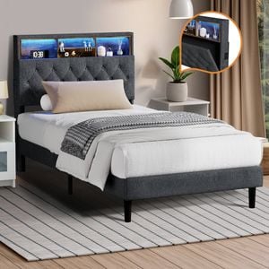 Oikiture Bed Frame King Single With LED Storage Headboard