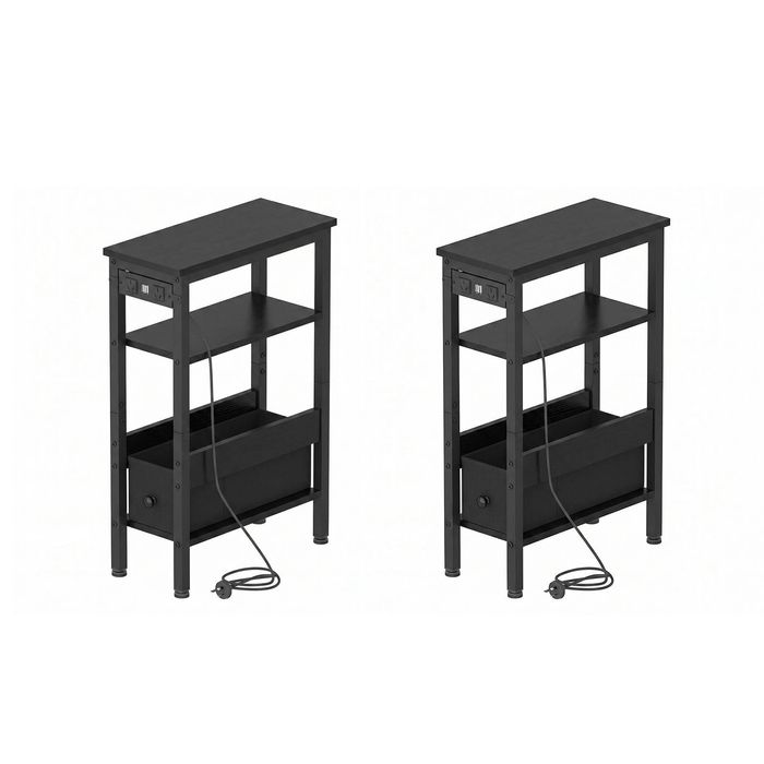 Ufurniture 2PCS LED Side Table with Charging Station Narrow End Table with topless Drawer & Shelf Black