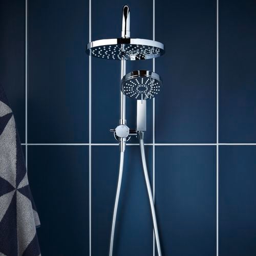Krome new Short Twin Shower System with blue tile background
