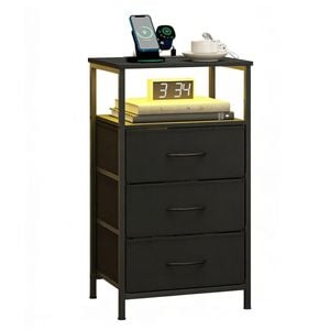 Advwin LED Bedside Table with Charging Station 3 Fabric Drawers Nightstand Black Drawer & Black Top