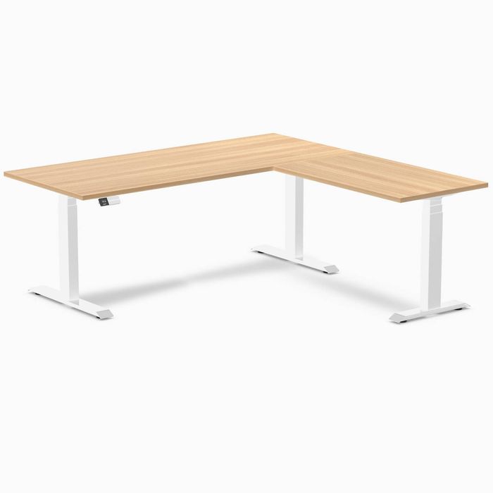 Desky Eco L-Shape Melamine Sit Stand Desk White Frame 180x175cm