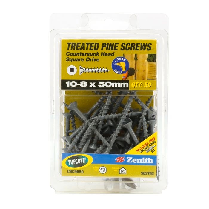 Zenith 10-8 x 50mm Tufcote® Countersunk Head Treated Pine Screws - 50 Pack