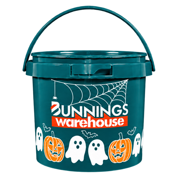 Bunnings Halloween bucket with images of ghost and pumpkins on it.