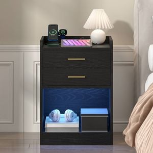 Advwin Led Bedside Table With Charging Station 2 Drawers Nightstand Black